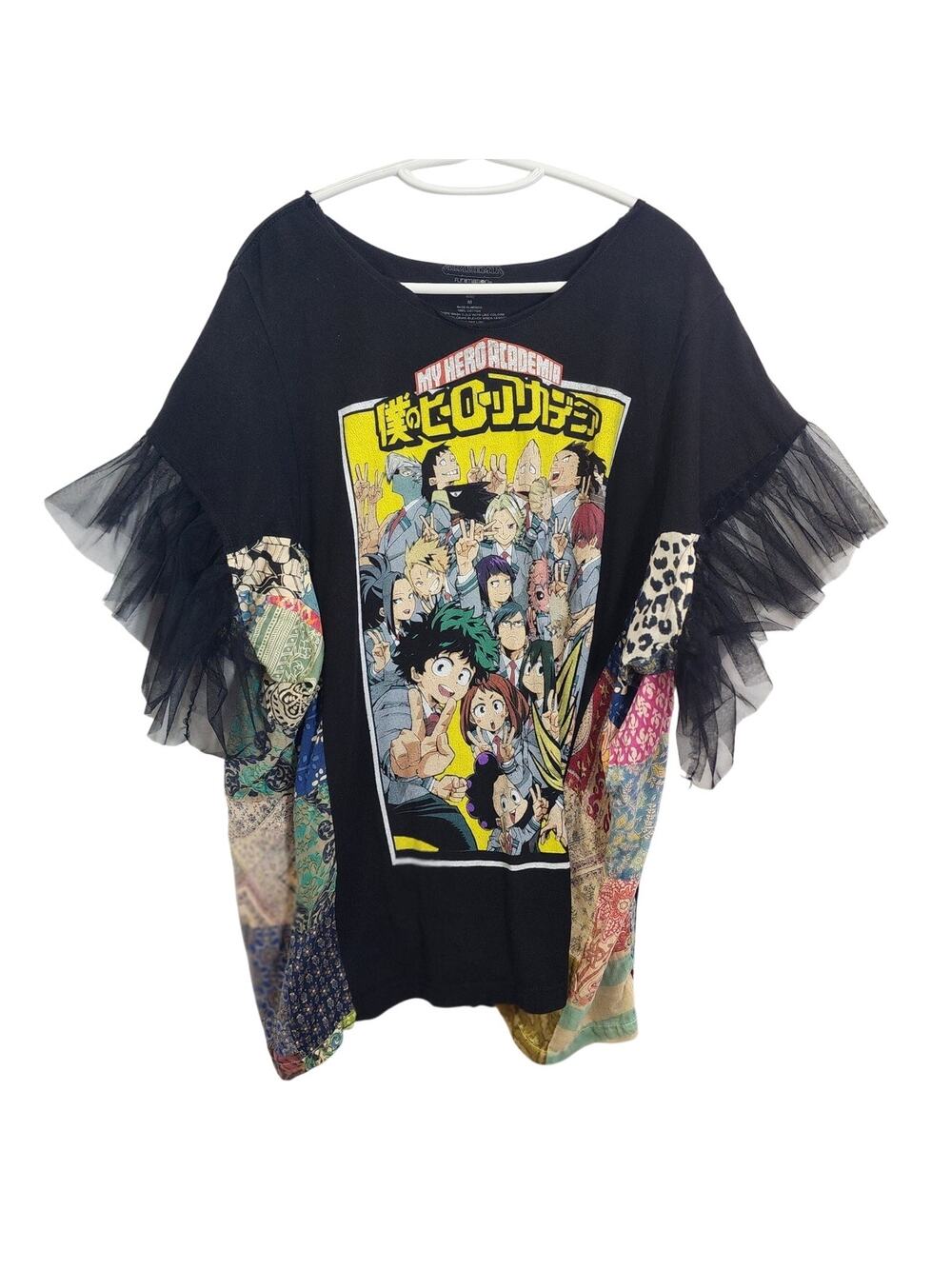 Upcycled My Hero Academia T‑Shirt with Black Tulle Sleeves